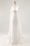 Simple Ivory Satin Watteau Train V Neck Mermaid Wedding Dress