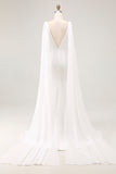 Simple Ivory Satin Watteau Train V Neck Mermaid Wedding Dress