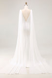 Ivory Mermaid V Neck Satin Long Wedding Dress with Watteau Train