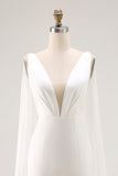 Ivory Mermaid V Neck Satin Long Wedding Dress with Watteau Train