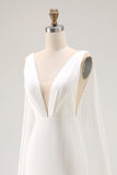 Ivory Mermaid V Neck Satin Long Wedding Dress with Watteau Train