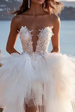 Ivory Tulle High-Low Strapless Ruffled Wedding Dress