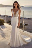 Sparkly Ivory Satin Sweep Train Mermaid V Neck Wedding Dress with Beading