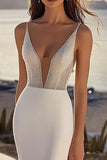 Sparkly Ivory Satin Sweep Train Mermaid V Neck Wedding Dress with Beading