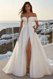 Simple Ivory Sweep Train Ball Gown Off the Shoulder Wedding Dress with Slit