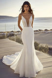Sparkly Ivory Sweep Train Mermaid Spaghetti Straps Wedding Dress with Beading