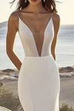 Sparkly Ivory Sweep Train Mermaid Spaghetti Straps Wedding Dress with Beading