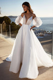 Ivory Sweep Train Spaghetti Straps A Line Wedding Dress with Puff Sleeves