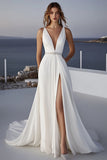 Ivory Chiffon V-Neck Sweep Train Boho Wedding Dress with Beading