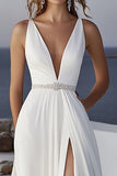 Ivory Chiffon V-Neck Sweep Train Boho Wedding Dress with Beading