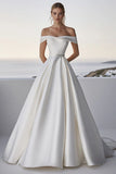 Ivory Off The Shoulder Ball Gown Sweep Train Boho Wedding Dress