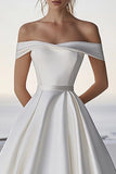 Ivory Off The Shoulder Ball Gown Sweep Train Boho Wedding Dress