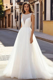 Ivory Illusion Boat Neck Sweep Train A Line Wedding Dress with Beading