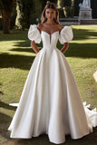 Ivory Puff Sleeves Sweetheart Ball Gown Sweep Train Wedding Dress
