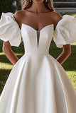 Ivory Puff Sleeves Sweetheart Ball Gown Sweep Train Wedding Dress
