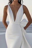 Ivory Satin V Neck Sweep Train Mermaid Boho Wedding Dress
