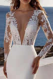 Ivory Mermaid V Neck Sweep Train Long Sleeves Boho Wedding Dress with Lace