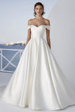 Ivory Satin Floor-Length Off the Shoulder A Line Boho Wedding Dress
