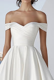 Ivory Satin Floor-Length Off the Shoulder A Line Boho Wedding Dress