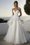 Ivory Tulle Strapless Sweep Train A Line Ruffled Boho Wedding Dress