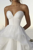 Ivory Tulle Strapless Sweep Train A Line Ruffled Boho Wedding Dress