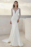 Ivory Illusion Boat Neck Sweep Train Mermaid Long Sleeves Boho Wedding Dress