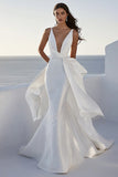 Ivory Satin Mermaid V Neck Sweep Train Boho Wedding Dress