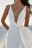 Ivory Satin Mermaid V Neck Sweep Train Boho Wedding Dress