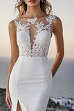 Ivory Chiffon Bateau Sweep Train Mermaid Boho Wedding Dress with Slit