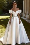Ivory Sweep Train Satin A Line Off the Shoulder Wedding Dress with Beading