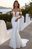 Ivory Bateau Sweep Train Mermaid Boho Wedding Dress with Beading