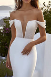 Ivory Bateau Sweep Train Mermaid Boho Wedding Dress with Beading