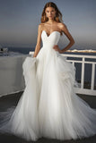 Ivory Strapless Sweep Train A Line Wedding Dress with Ruffles