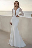 Ivory V Neck Long Sleeves Floor-Length Mermaid Wedding Dress