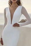 Ivory V Neck Long Sleeves Floor-Length Mermaid Wedding Dress