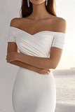 Ivory Chiffon Mermaid Off The Shoulder Sweep Train Boho Mermaid Wedding Dress