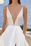 Ivory Chiffon V Neck Sweep Train Ball Gown Wedding Dress with Slit