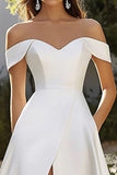 Ivory Off The Shoulder Floor-Length A Line Wedding Dress with Slit