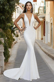 Ivory Satin V Neck Sweep Train Mermaid Wedding Dress