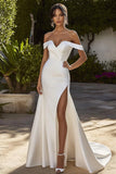 Ivory Off The Shoulder Sweep Train Mermaid Wedding Dress with Slit