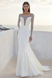 Ivory Bateau Long Sleeves Sweep Train Mermaid Wedding Dress