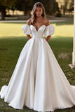 Ivory Puff Sleeves Sweep Train A Line Wedding Dress