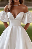 Ivory Puff Sleeves Sweep Train A Line Wedding Dress