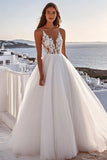 Ivory Floor-Length A Line Boho Wedding Dress with Lace