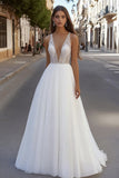 Ivory Organza V Neck Floor-Length A Line Wedding Dress with Beading