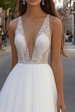 Ivory Organza V Neck Floor-Length A Line Wedding Dress with Beading