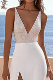 Sparkly Ivory V Neck A Line Sequins Sweep Train Boho Wedding Dress With Slit