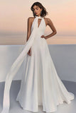 Ivory Satin V Neck Sweep Train A Line Boho Wedding Dress with Sash