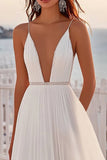 Ivory Tulle Sweep Train A Line Boho Wedding Dress with Beading