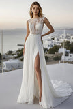 Ivory Chiffon Bateau Sweep Train A Line Boho Wedding Dress with Lace
